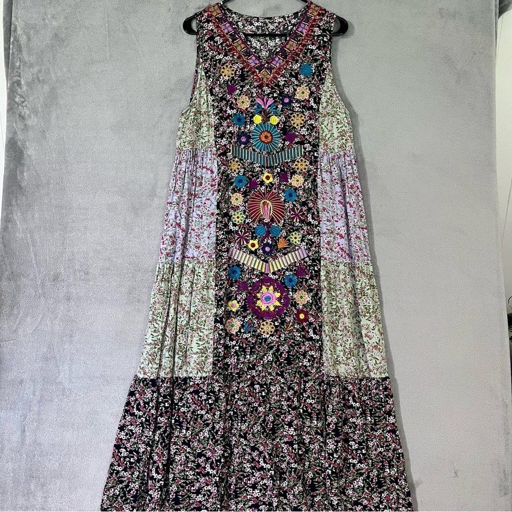 Boho Patchwork Embroidered Maxi Dress Tiered Wome… - image 1
